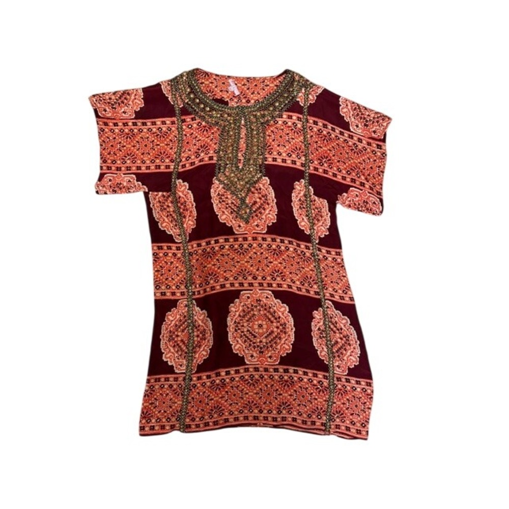 Calypso St Barth Silk Medallion Tunic Dress Orange Burgundy Studded Boho Medium - Picture 3 of 11